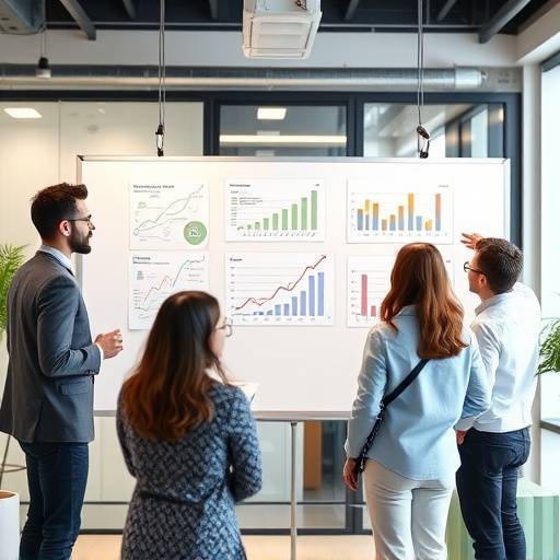 A diverse team collaborating around a whiteboard filled with business growth strategies and market analysis charts.