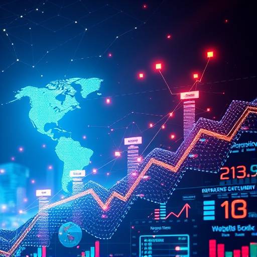 A graphical representation of a business expanding its market reach with charts showing upward trends and global connections.